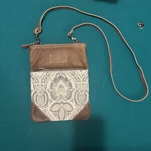 Myra Bag Small Crossbody Purse Brown Leather Canvas Boho Floral Pattern